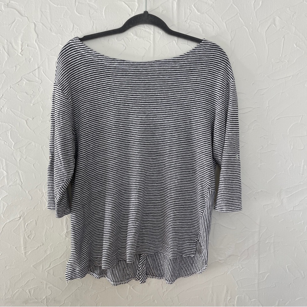 Adrienne Vittadini Linen Three-Quarter Sleeve Roll Tab Stripe Top